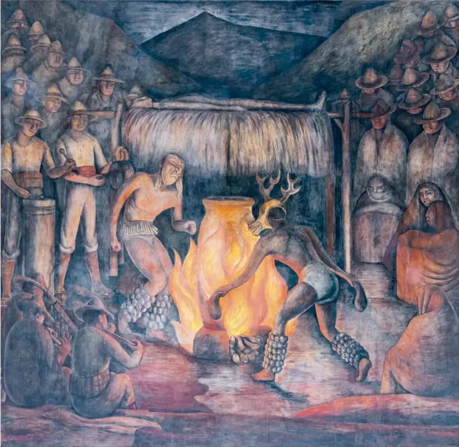Mural que representa la danza del venado de noche: dos danzantes, uno con tocado de cuernos y tenaboim, giran frente a una gran fogata y una vasija de barro, rodeados por espectadores con sombreros, mujeres sentadas y un hombre tocando un instrumento de viento, entre montañas azules.