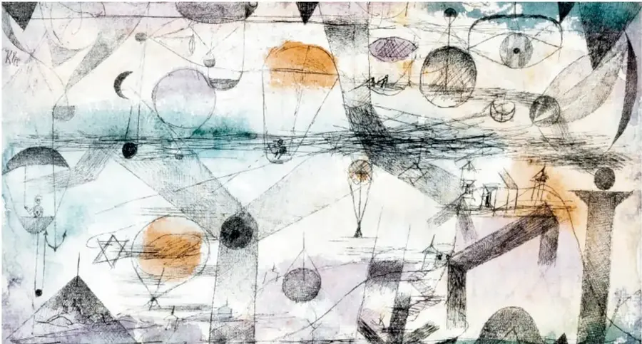 En el reino del aire (1917): dibujo acuarela de tonos azules y grises con globos colgantes, un gran ojo, una luna, círculos y triángulos suspendidos y estructuras que flotan.
