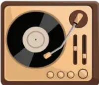 Tocadiscos de madera con disco de vinilo y bocina.