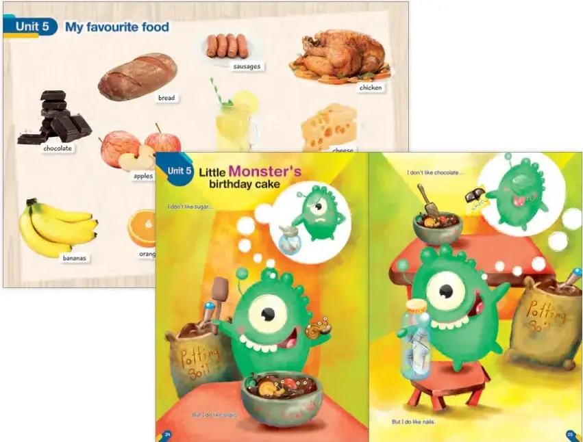 Portada de la Unidad 5 'My favourite food' con imágenes de alimentos etiquetados en inglés: bread, sausages, chicken, chocolate, apples, bananas, orange, cheese.