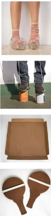 Cuatro fotografías apiladas: pies con calcetines sobre botellas de plástico recicladas (patines); pies con zapatos sobre latas con cordones (zancos); una caja de cartón abierta con trazos de raquetas; y dos raquetas de cartón recortadas con una banda blanca como empuñadura.