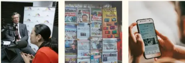 Tres fotografías: una entrevista o conferencia de prensa, un puesto de revistas y una persona usando un teléfono inteligente.
