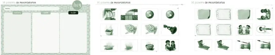 Miniaturas del material 'Mi pizarra de recordatorios': 1) pizarra con rótulo 'Hoy' y columnas 'Mañana', 'Tarde' y 'Noche' vacías; 2) cuadrícula de tarjetas recortables con imágenes de actividades y objetos cotidianos (cama, desayuno, pelota, utensilios, alimentos, personas); 3) otra cuadrícula con notas en blanco, personajes y acciones cotidianas.