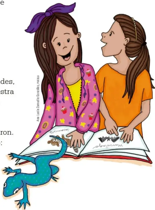 Ilustración de dos niñas observando un libro abierto; una iguana verde sale del libro.
