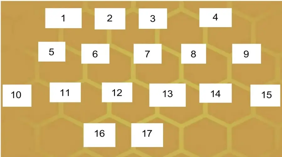 Esquema tipo panal de abejas con 17 hexágonos numerados del 1 al 17 sobre fondo de colmena.