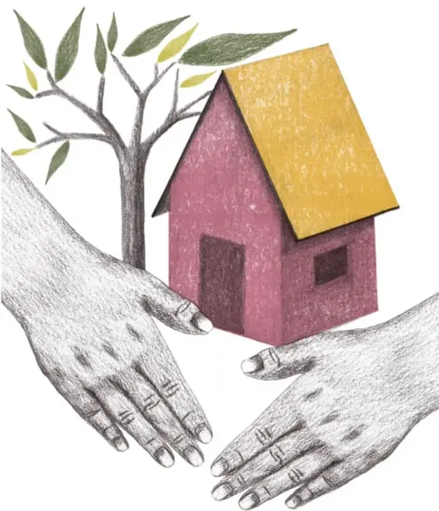 Ilustración de dos manos sosteniendo una casa junto a un árbol, símbolo de cuidado y protección del hogar. Crédito: Rosana Mesa Zamudio, Puebla.