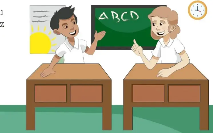 Ilustración de dos estudiantes sentados en sus pupitres; uno señala el pizarrón verde con las letras ABCD y la otra estudiante señala con el dedo; hay un dibujo de sol en una hoja adherida a la pared y un reloj. Crédito: Jorge Eduardo Moussong Lavalle, CIUDAD DE MÉXICO.