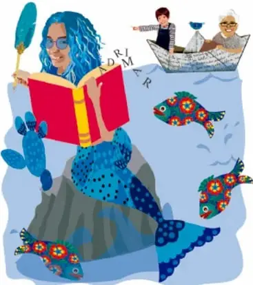 Ilustración de una sirena con cabello azul leyendo un libro rojo, rodeada de peces con flores; en un barquito pequeño viajan dos personas. Crédito: Raymundo Gutiérrez González, Tlaxcala.