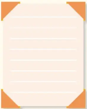 Recuadro con líneas para escribir, decorado con esquinas naranjas.