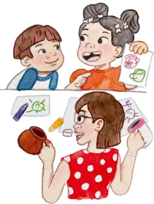 Ilustración de una niña y un niño; la niña, con moños en el cabello, sonríe mostrando que le falta un diente y sostiene un papel con dibujos de una taza y otro objeto.