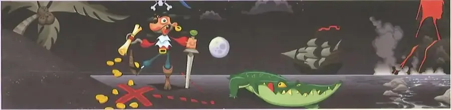 Escena de piratas en una isla durante la noche, con un mapa, un tesoro, un cocodrilo, un volcán y cuerpos celestes.