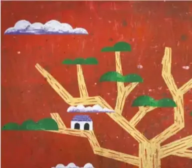 Composición en rombos de colores (morado, rojo y negro) con un pequeño árbol al centro.