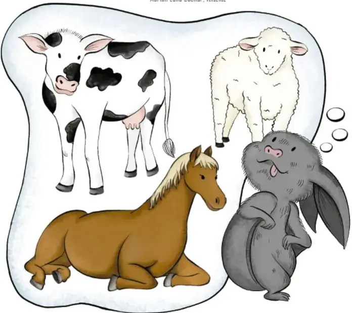 Un murciélago gris junto a animales de granja: una vaca blanca con manchas negras, una borrega blanca y un caballo café acostado.