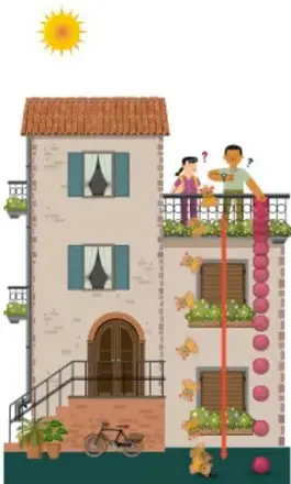 Ilustración de una casa con personas en el balcón y una bicicleta, usada como contexto visual para el tema de movimiento.