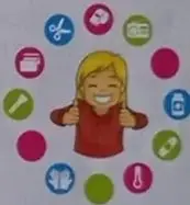 Ilustración del kit de emergencia con elementos circulares (papel, pañuelo, ropa, agua, baterías, linterna, libreta, termómetro).