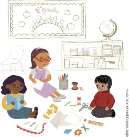 Ilustración de tres estudiantes de 3° grado sentados en el suelo del aula, rodeados de materiales escolares como tijeras, colores, papel y una regla. Al fondo hay un pizarrón con la leyenda '3° grado' y un librero.