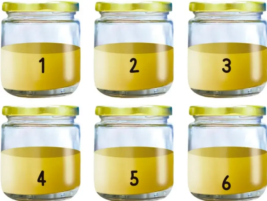 Seis frascos de vidrio con tapa dorada y medio de cultivo amarillo, numerados del 1 al 6, distribuidos en dos filas de tres.