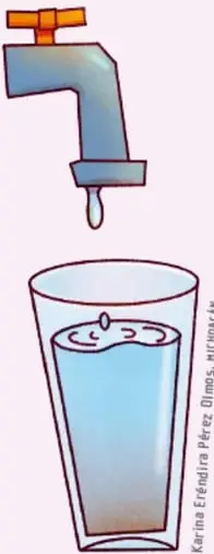 Ilustración de una llave de agua goteando sobre un vaso con agua.