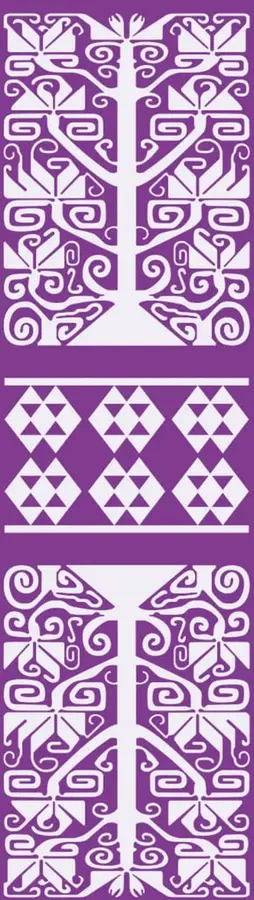Patrón decorativo prehispánico en color morado con motivos geométricos y vegetales simétricos.