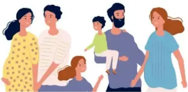 Ilustración de una mamá, un papá y su hijo adoptivo abrazados.