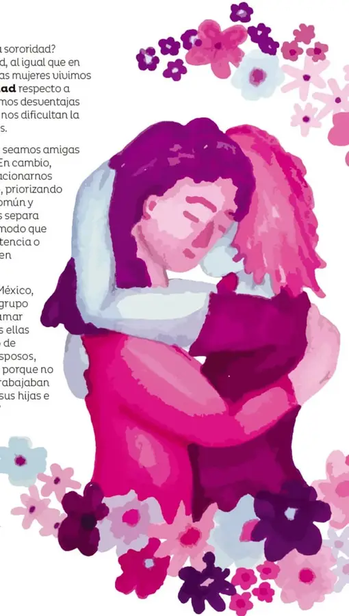 Ilustración de dos mujeres abrazándose con ternura, rodeadas de flores en tonos rosa, morado y azul; transmite contención emocional y apoyo mutuo.