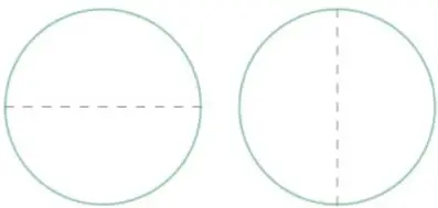 Dos círculos con línea punteada horizontal que representa el diámetro que divide el círculo en dos partes iguales.