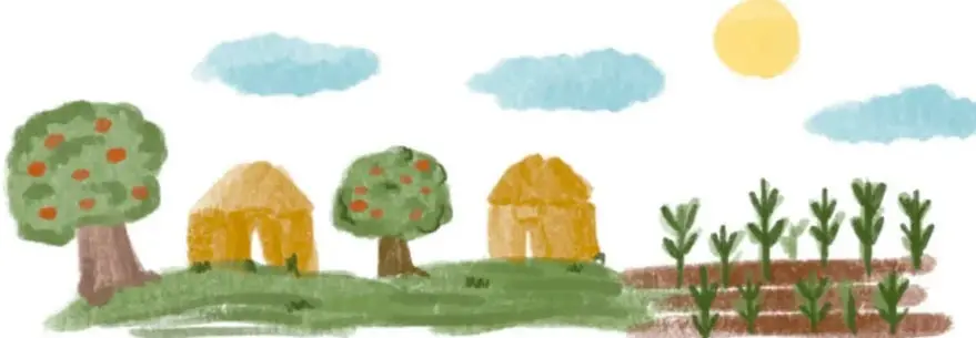 Ilustración con árboles frutales, dos chozas, maíz, sol y nubes; obra de Ana María Hernández Hernández, Ciudad de México.