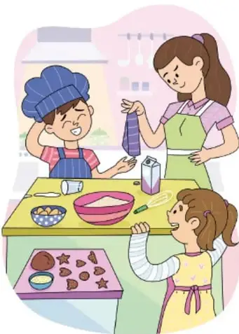 Ilustración de una familia (madre, niño chef y niña) preparando comida y galletas en la cocina, compartiendo actividades. Ilustración de Juan Pablo Dorantes Pineda, Ciudad de México.