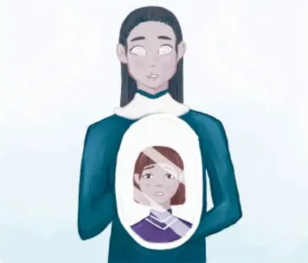Ilustración de una mujer de cabello oscuro con uniforme verde que sostiene un espejo ovalado; en el reflejo aparece otra mujer de cabello castaño con una venda en la frente. Debajo se lee el crédito: Vivian Lissette Esquivel Martínez, Estado de México.