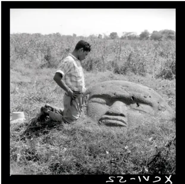 Fotografía en blanco y negro de una cabeza olmeca colosal in situ, con un joven de pie junto a ella; pie de foto: 'Cabeza olmeca in situ, 1950.'