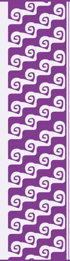 Franja vertical de color morado con un patrón ornamental de espirales blancas estilo prehispánico, decorativa, sin contenido académico.
