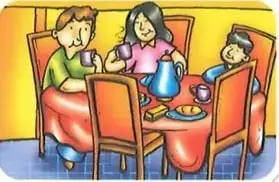 Ilustración de una familia sentada y compartiendo alimentos en el comedor.