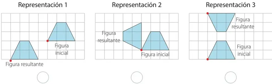 Tres cuadrículas con un trapecio 'figura inicial' y su 'figura resultante' en cada una, cada una con un círculo vacío para marcar.