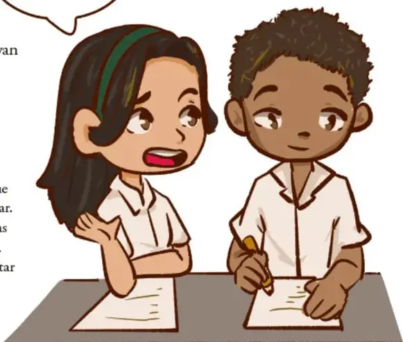 Ilustración de dos estudiantes (niña y niño) conversando y escribiendo en sus cuadernos; crédito: Danna Fernanda Trejo Valencia, VERACRUZ