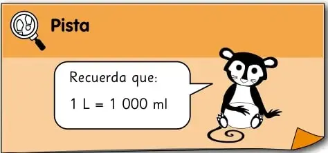 Recuadro de pista con un personaje que recuerda que 1 L = 1000 ml.
