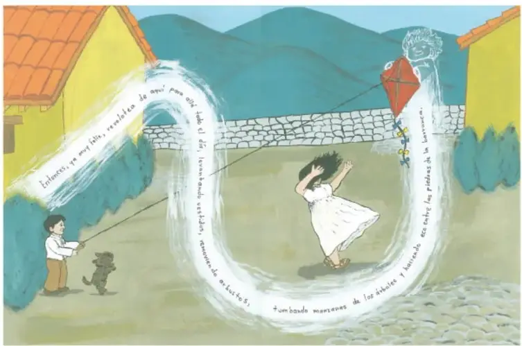 Patio de día: el viento levanta el vestido de una niña de blanco, revuelve arbustos y vuela un papalote rojo; un niño con perrito sostiene el hilo entre las casas amarillas.
