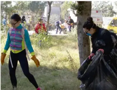 Fotografía de personas realizando trabajo comunitario de limpieza en un parque, recolectando basura en bolsas, representando la participación ciudadana y el cuidado del entorno.