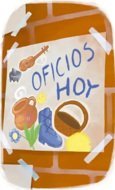 Cartel pintado pegado con cinta a un muro de ladrillo que dice 'OFICIOS HOY' rodeado de objetos: guitarra, olla de barro, zapato, flor, pan y sol. Ilustración de Armando Amezcua Mora, Guanajuato.
