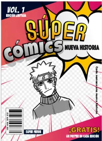 Portada de un cómic titulado "Súper Cómics Vol. 1, Nueva Historia" con un personaje de estilo anime, estrellas explosivas y texto promocional.