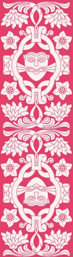 Ilustración decorativa en blanco sobre fondo rosa con motivos florales y dos rostros humanos estilizados enmarcados en óvalos, de estilo inspirado en arte popular mexicano.
