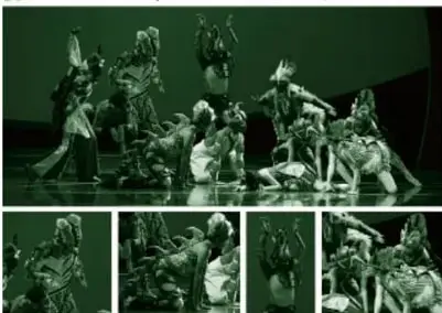 Fotografía 'Compañía Danza Visual, Blanca Nieves' de Emmanuel Adamez Téllez con cuatro detalles ampliados: bailarines con vestuarios de animales fantásticos alrededor de una joven tendida, fondo azul oscuro.