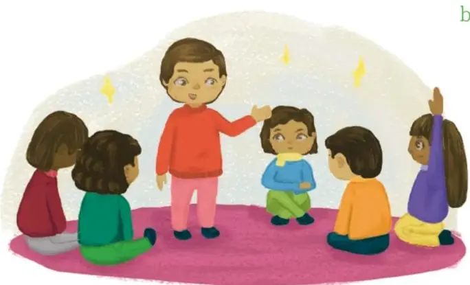 Ilustración de seis niñas y niños sentados en círculo sobre una alfombra, con la maestra de pie, dialogando. Crédito: Vivian Lissette Esquivel Martínez, Estado de México.