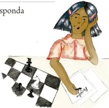 Ilustración de una niña pensativa junto a un tablero de ajedrez, con piezas y una hoja de papel.