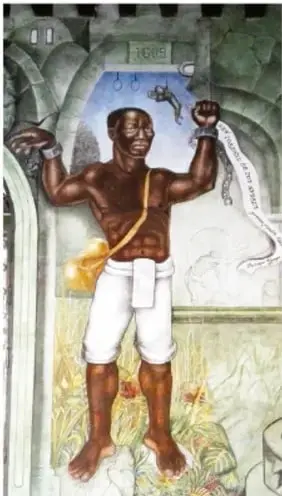 Ilustración de un hombre africano esclavizado, con el torso desnudo, pantalón blanco y una cadena rota en la mano, en un entorno selvático.