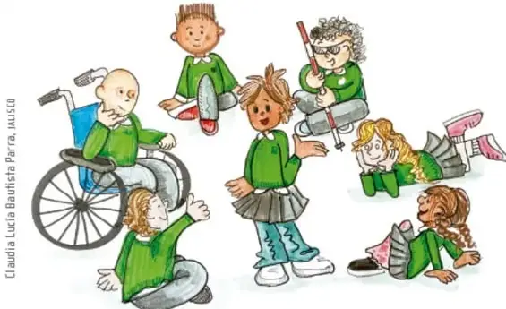 Ilustración de ocho niñas y niños en mutuas conversaciones: una niña en silla de ruedas con la mano alzada pidiendo la palabra, una niña de falda hablando, otros sentados y recostados escuchando; todos con playeras verdes. Crédito: Claudia Lucía Bautista Parra, IAUSTO.