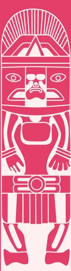 Ilustración estilizada de una figura humana con rasgos indígenas, ataviada con un tocado y vestimenta ceremonial, en color rosa mexicano sobre fondo blanco. Ocupa toda la altura de la página.
