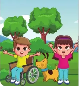 Ilustración de dos niños junto a un perro; uno de los niños usa una silla de ruedas y ambos levantan los brazos en un entorno con árboles.
