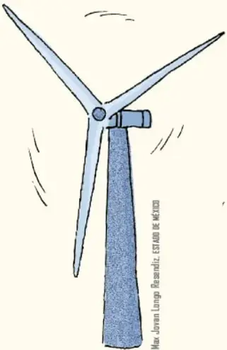 Ilustración de un aerogenerador (turbina eólica) de tres aspas sobre una torre, con líneas de movimiento que indican viento.