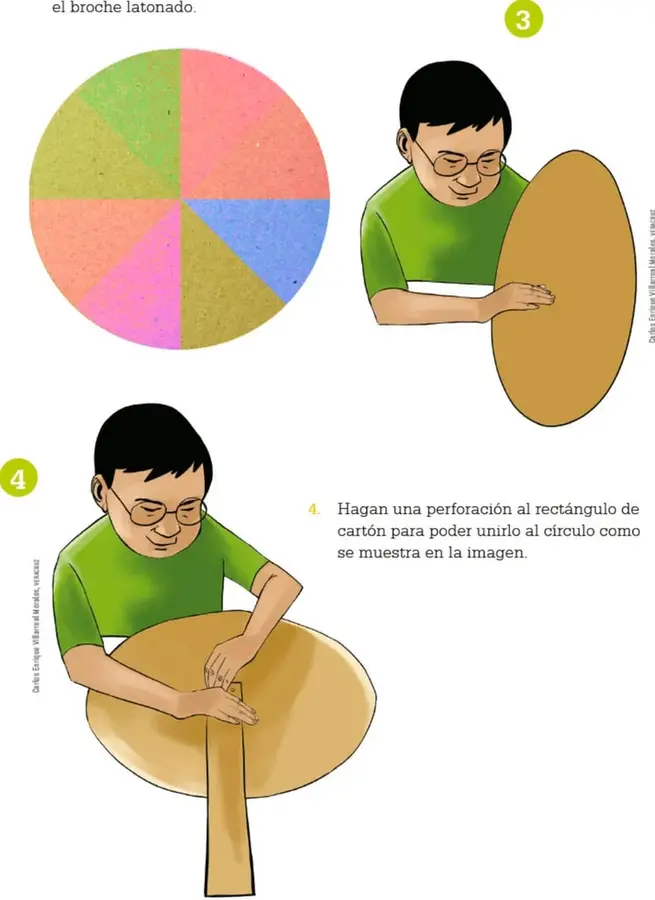 Círculo de cartón dividido en 6 sectores iguales, cada uno coloreado con un color diferente (verde, rosa, azul, amarillo, rosa claro y verde claro).