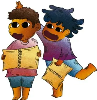 Ilustración de dos estudiantes sosteniendo carteles o papeles, uno de ellos con la palabra 'cartulina' escrita.